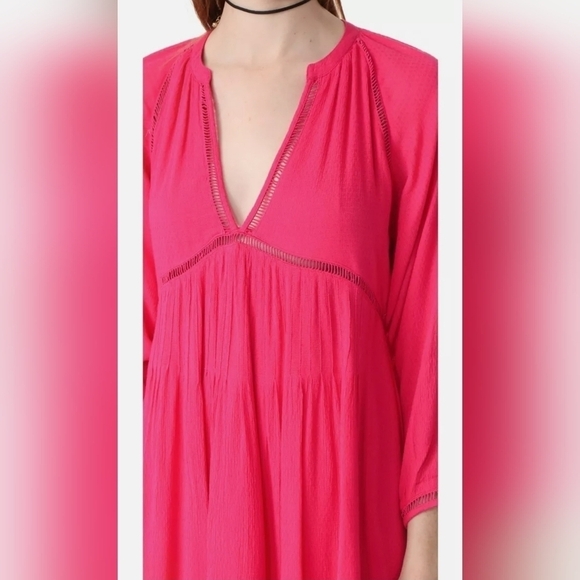 FREE PEOPLE GO LIGHTLY V-NECK 3/4 SLEEVE SWING DRESS HOT PINK SIZE SMALL - Picture 5 of 10